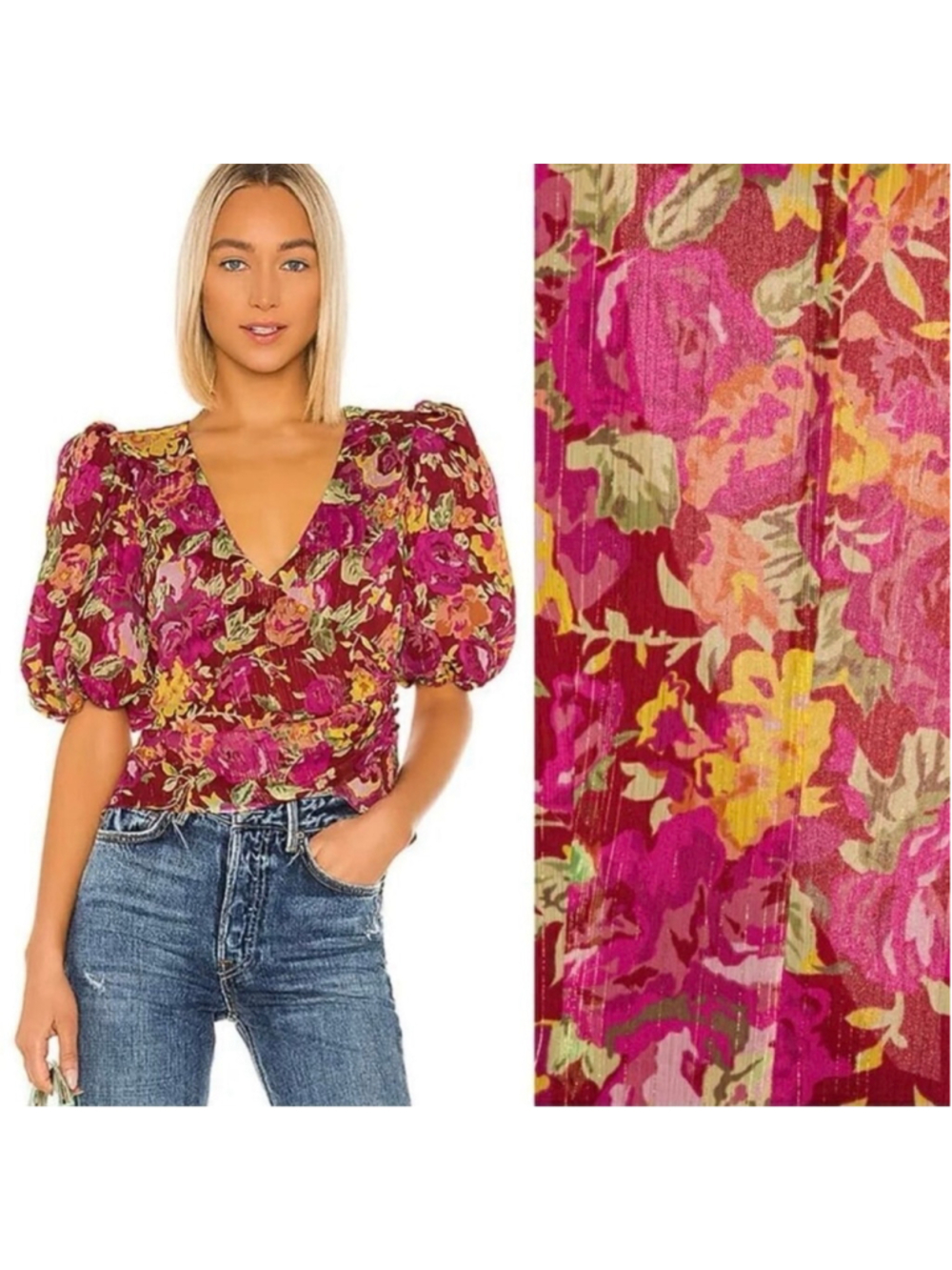 LPA x REVOLVE Floral Puff Sleeve Wrap Crop Blouse Pink Liza Floral M